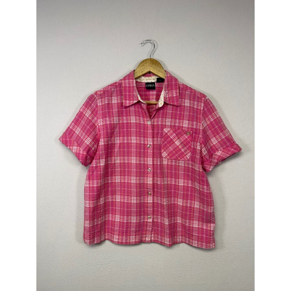 Barbiecore Erika Women Small Pink Plaid Short Sleeve Button Down Cotton Shirt